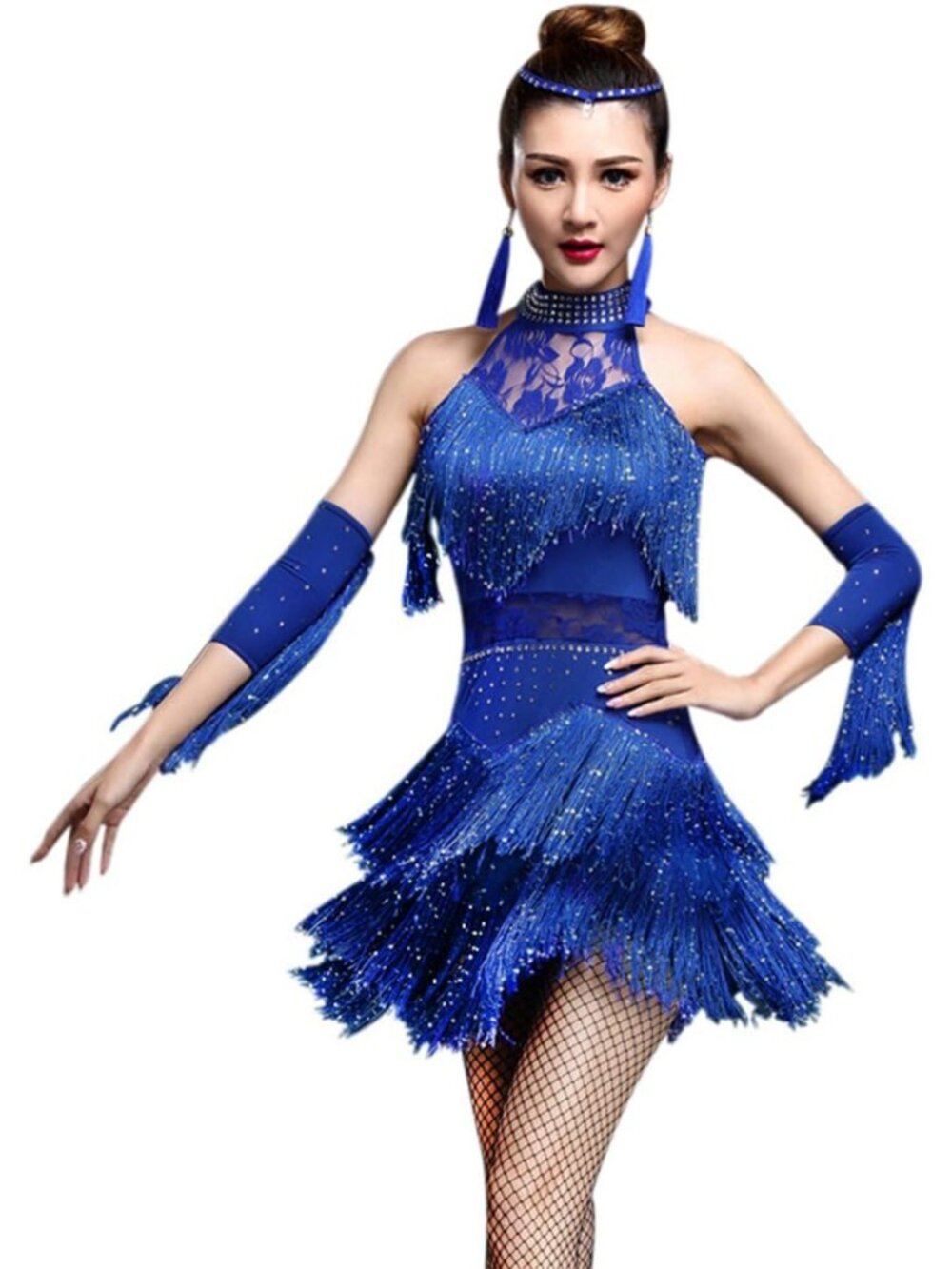 Royal Blue Fringe Latin Ballroom Dance Dress Rhinestone 4pc Set Sz M-L